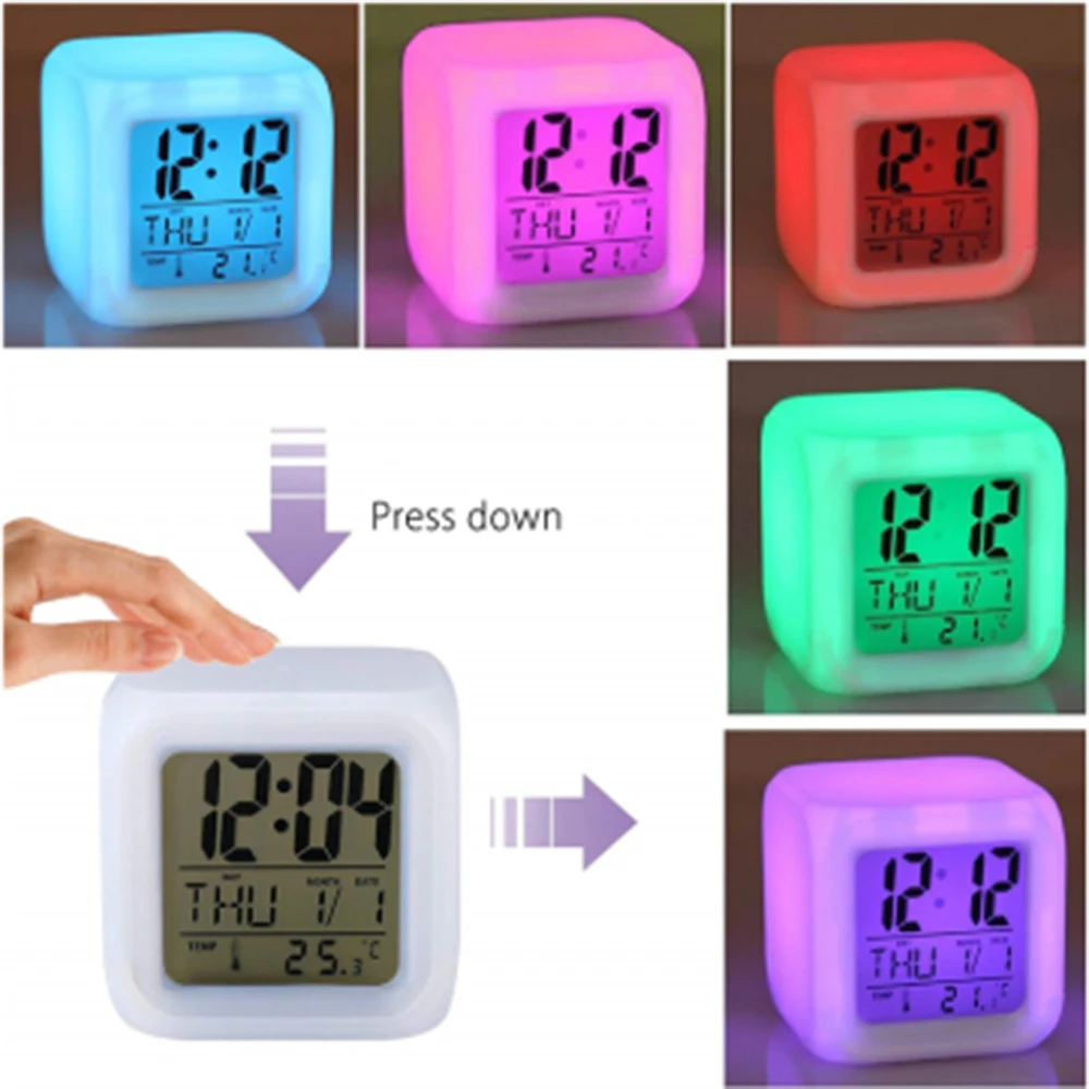 

Multifunction 7 Color Change LED Digital Alarm Clock With Date Alarm Thermometer Desktop Table Cube Alarm Clock Night Glowing