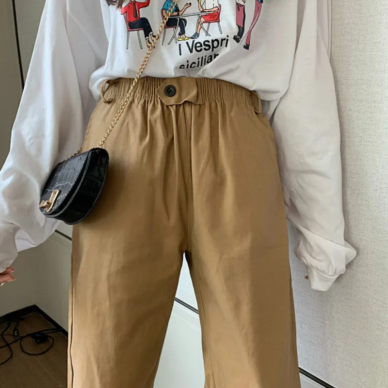 Pants Women Ankle-length Solid Elastic Waist Pockets Button Loose Straight Streetwear All-match Korean Style BF Daily Womens New
Pants Women Ankle-length Solid Elastic Waist Pockets Button Loose Straight Streetwear All-match Korean Style BF Daily Womens New