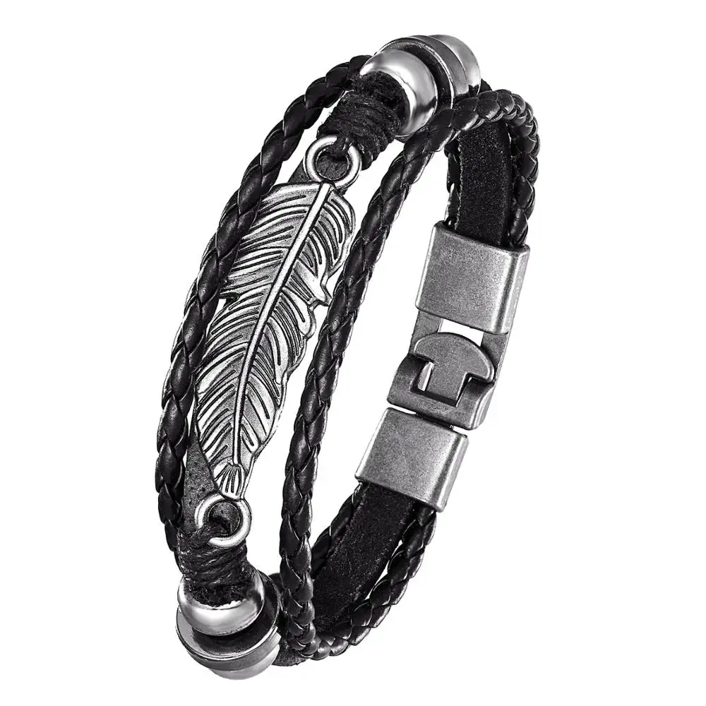 Vintage Multilayer Leather Feather Leaf Bracelet Men's Fashion Woven Handmade Feathery Rope Wrap Bracelet and Bracelet Men's Gif 
Vintage Multilayer Leather Feather Leaf Bracelet Men's Fashion Woven Handmade Feathery Rope Wrap Bracelet and Bracelet Men's Gif