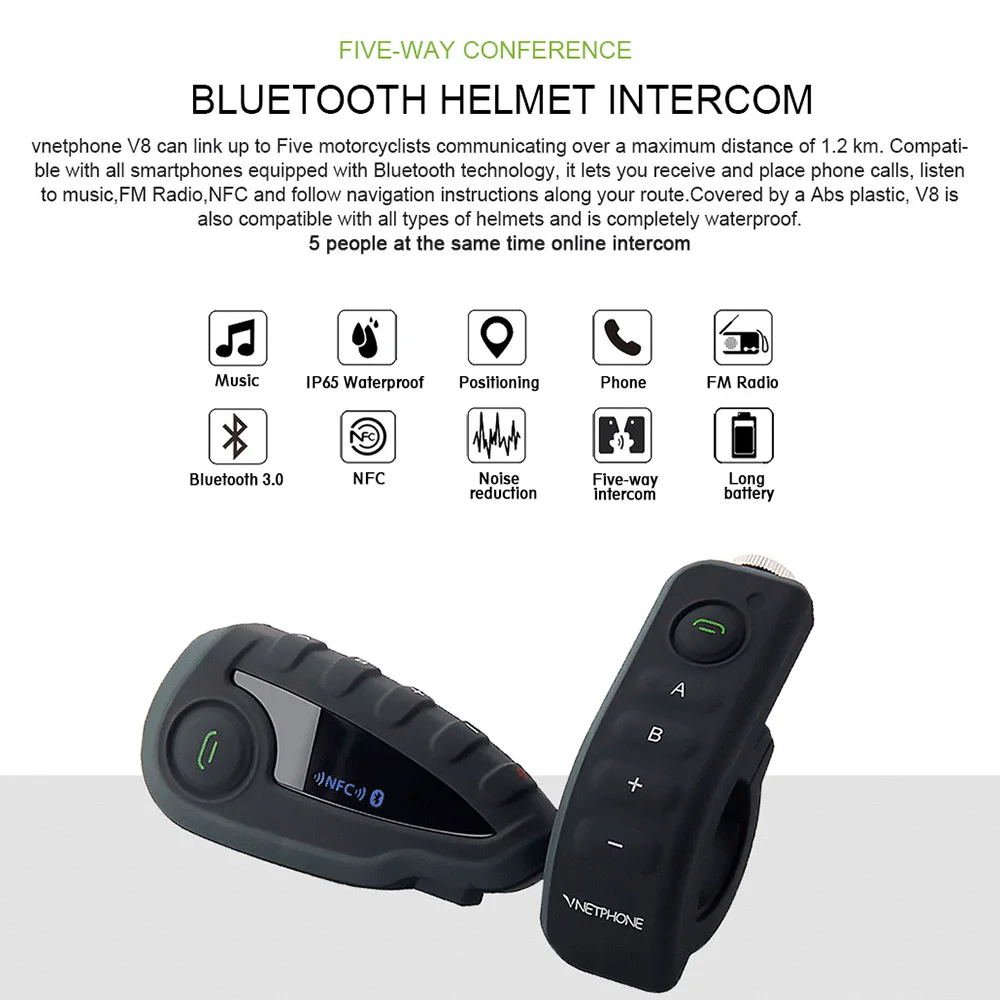 1/2pcs Vnetphone V8 Motorcycle Helmet Intercom NFC Remote Control Bluetooth Interphone Headset 5 Rider 1200M Full duplex talking
1/2pcs Vnetphone V8 Motorcycle Helmet Intercom NFC Remote Control Bluetooth Interphone Headset 5 Rider 1200M Full duplex talking