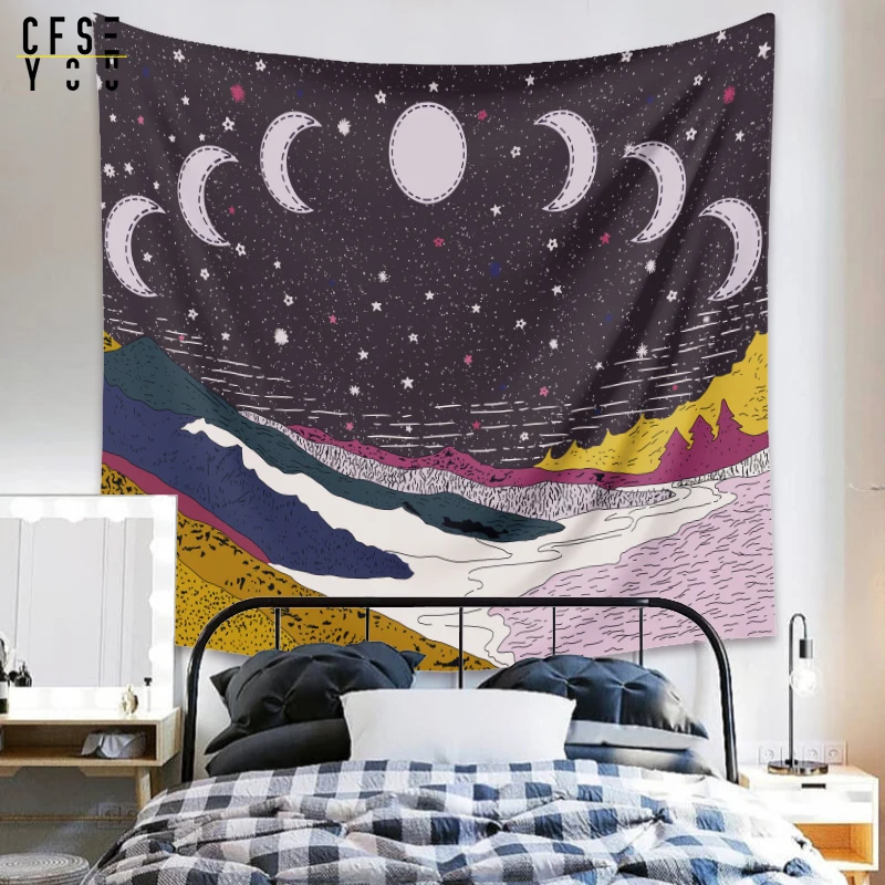 

Mountain Tapestry Moon Phase Tapestry Wall Hanging Nature Starry Night Tapestries Forest Tree Aesthetic Tapestry for Room