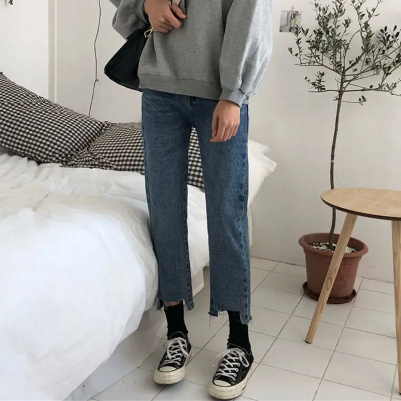 

Woman Jeans Pants Autumn Leisure Washed Irregular Cropped Jeans High Waist Baggy Straight Trousers Pantalones Vaqueros Mujer