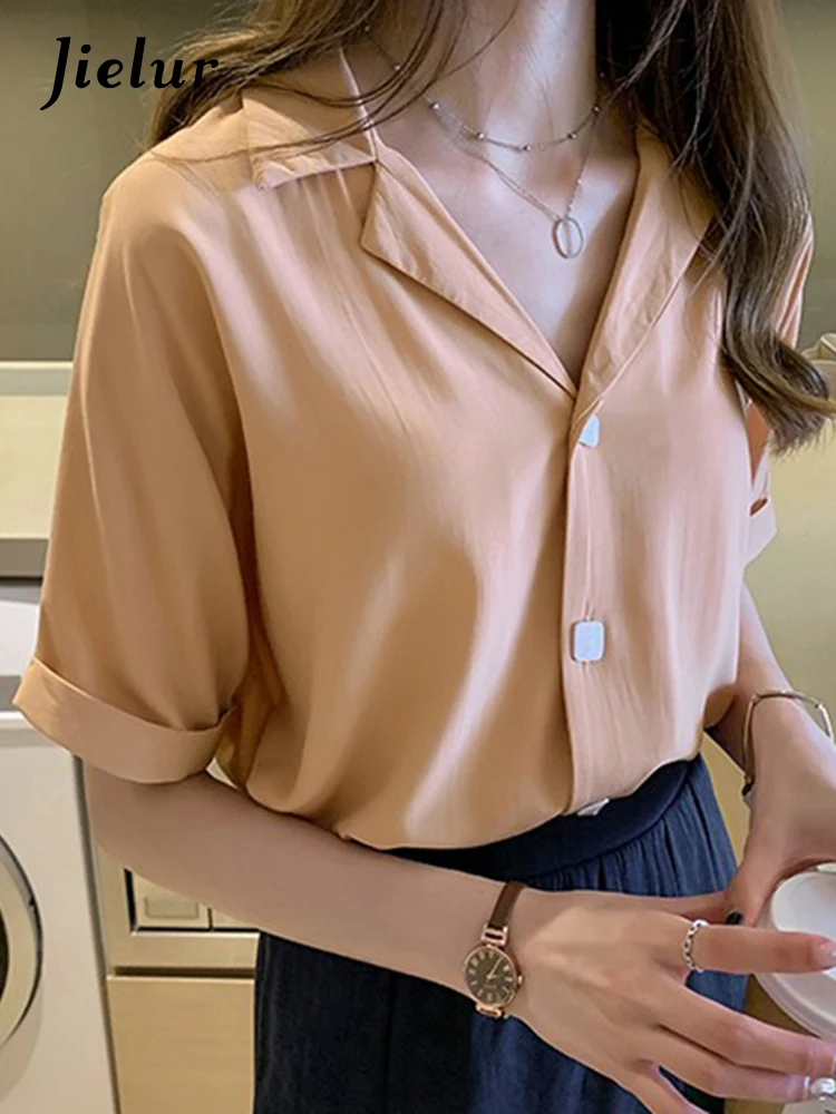 

Jielur 2022 Summer Shirts Women Blouses Casual Solid Turndown Collar Short Sleeve Office Lady Buttons Tops Clothing Female