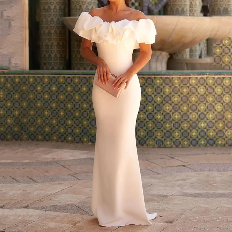 

Ellafads Women Maxi Dress Elegant Solid Sleeveless Strapless One Shoulder Nipped Waist Slim Ruffled Wedding Party Dresses