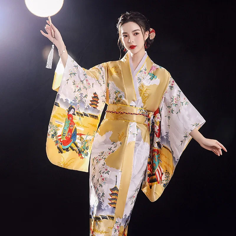 

Традиционное японское кимоно юката с Оби, винтажное женское вечернее платье, Женский винтажный костюм для сцены и представлений, косплей