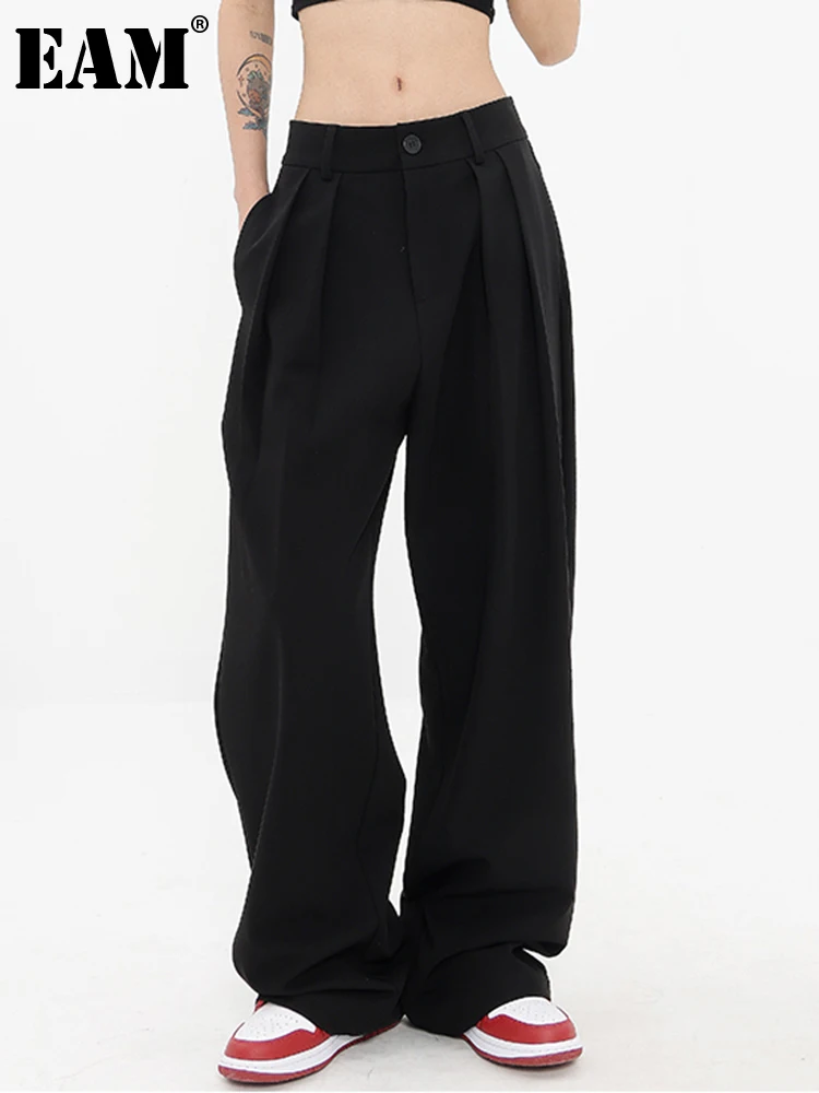 

[EAM] черные плиссированные длинные широкие брюки с высокой талией и карманами; Новинка; Свободные женские брюки; Модные брюки; Сезон весна-осень; 2023; 1DF5659