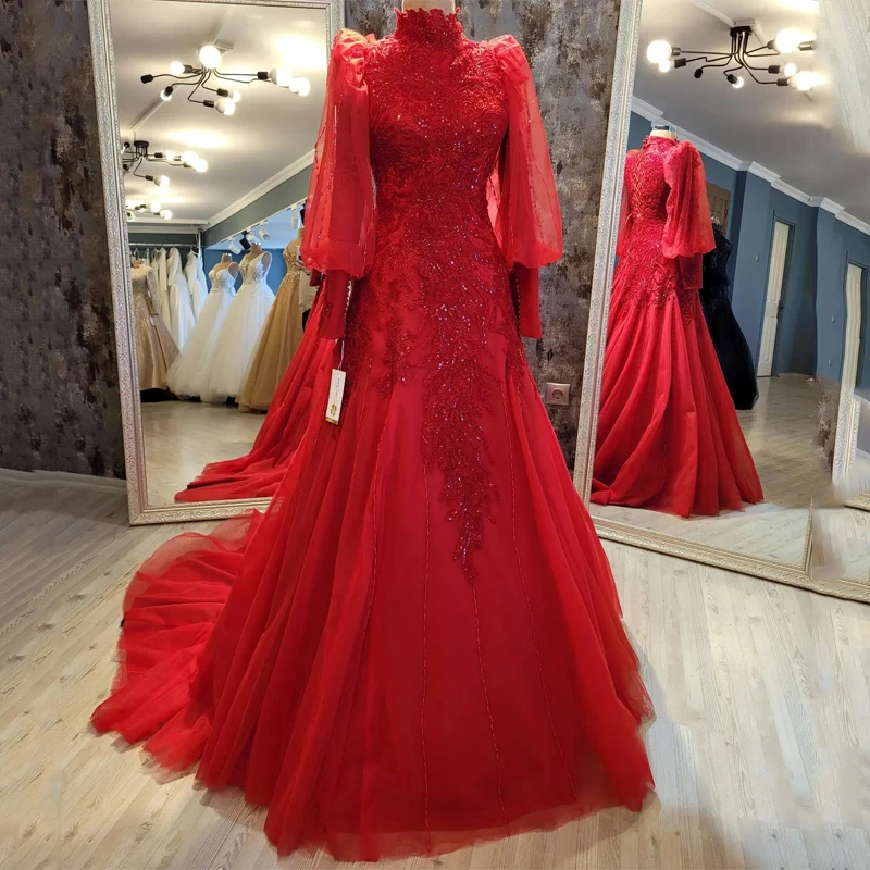

Red Luxury High Neck Evening Dresses 2023 Crystal Beading Applique Lace Tull Long Sleeved A-Line Evening Gowns فساتين السهرة