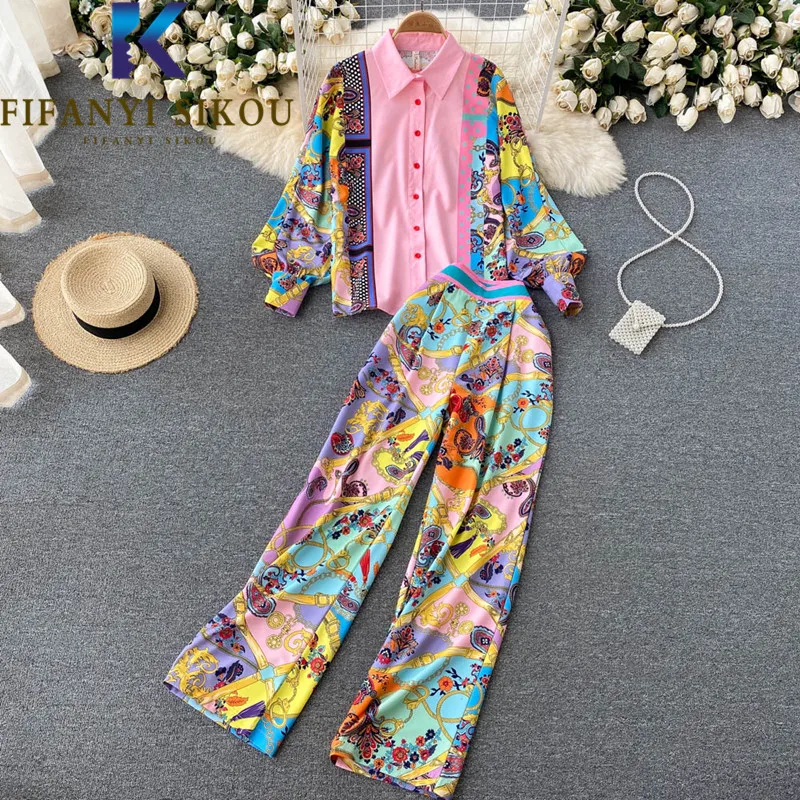 Vintage Print Women Two Piece Set Lantern Sleeve Fashion Lapel Shirt High Waist Wide Leg Pants 2 Piece Set Spring Stylish Suits
Vintage Print Women Two Piece Set Lantern Sleeve Fashion Lapel Shirt High Waist Wide Leg Pants 2 Piece Set Spring Stylish Suits