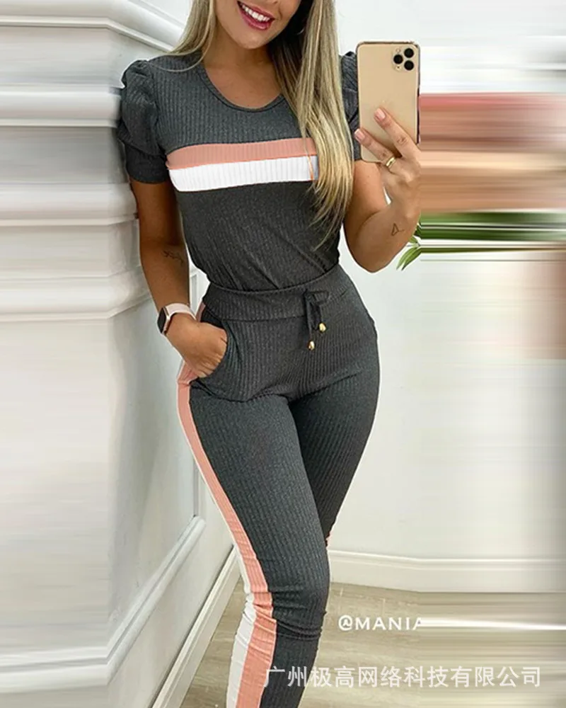 Striped Print Puff Sleeve Top & Pants Set Women 2pcs Short Sleeve Pullover O Neck Elastic Drawstring Pencil Pants
Striped Print Puff Sleeve Top & Pants Set Women 2pcs Short Sleeve Pullover O Neck Elastic Drawstring Pencil Pants