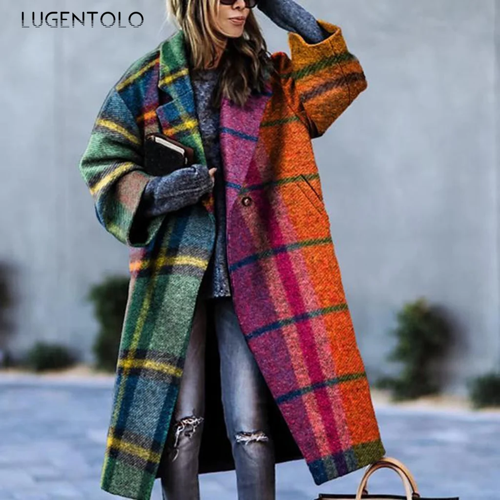 

Lugentolo Autumn Blends Women Long Coat Prin Splicing Fashion Long Sleeve Lapel Coats Female Single Button Large Size Blends