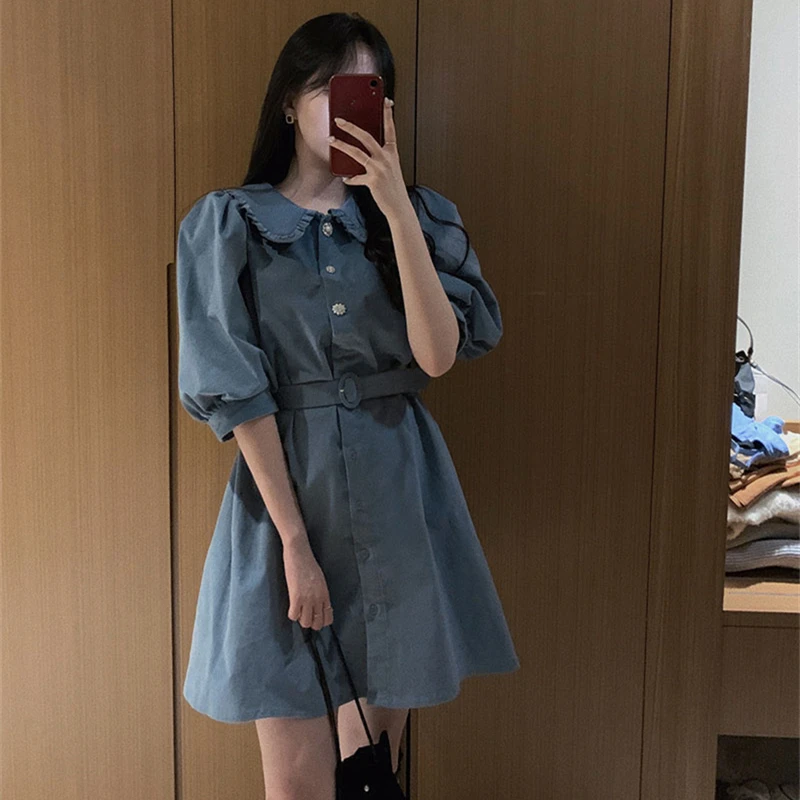 2021 New Women Elegant High Waist Blue Shirt Dresses Fashionable Vintage Korean Spring Summer Puff Sleeve with Belt Mini Dress
2021 New Women Elegant High Waist Blue Shirt Dresses Fashionable Vintage Korean Spring Summer Puff Sleeve with Belt Mini Dress