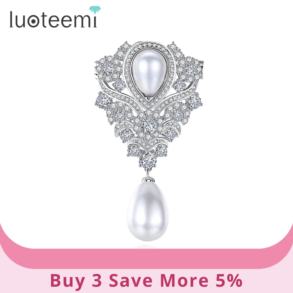 

LUOTEEMI Vintage Imiataion Pearl Brooch Pin For Women Luxury Designer Zircon CZ pins Bridal Wedding Party Anniversary Girl Gift