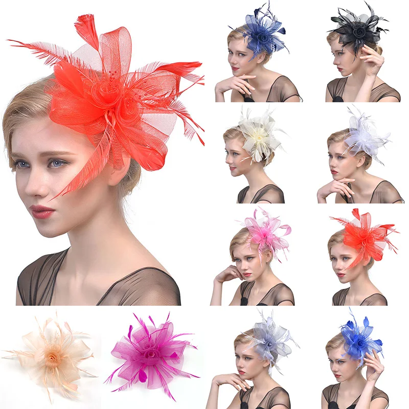

2022 Elegant Flower Feather Beads Mesh Corsage Hair Clip Party Wedding Bridal Mesh Hair Accessories Headdress Headwear Tiara Hat
