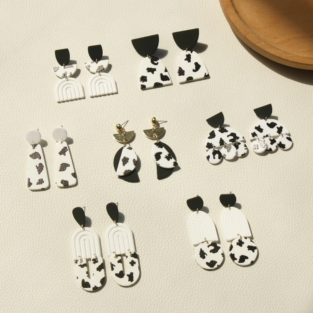 

JUHU Black White Minimalist Dangle Earrings Trendy Cow Unique Polymer Clay Drop Earrings Women 2022 Cute Leopard Acrylic Jewelry
