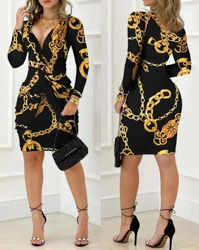 

Elegant Women's Dresses 2022 Autumn Fashion Vintage Baroque Chain Print Twist Detail Sexy Plunge Long Sleeve Skinny Party Dress