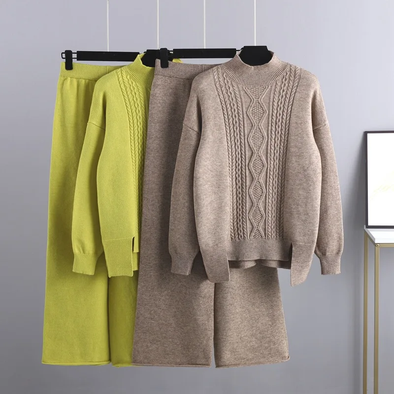 Winter Drop Sleeve Cashmere Knit thick loose turtleneck sweater Tracksuits wide leg pants suit women two-piece sets
Winter Drop Sleeve Cashmere Knit thick loose turtleneck sweater Tracksuits wide leg pants suit women two-piece sets