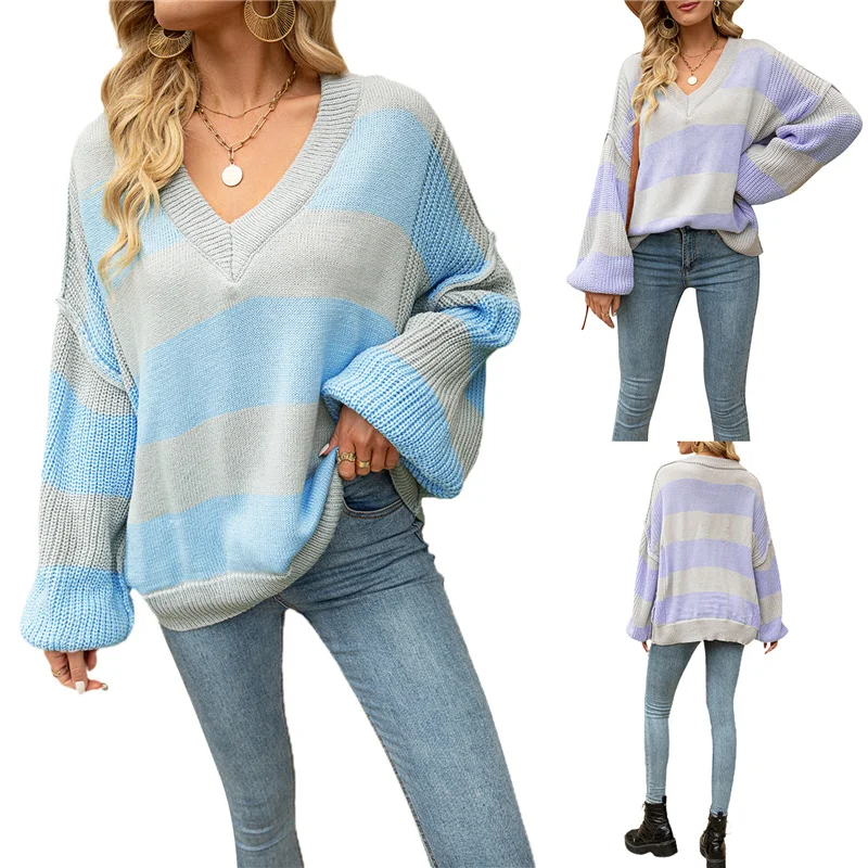 

Женский свободный свитер на весну и осень, полосатый лоскутный пуловер с V-образным вырезом и спущенными плечами с длинным рукавом, трикотажные топы, S/M/L/XL