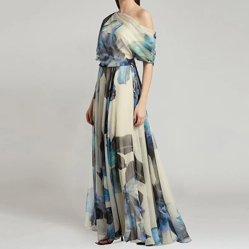 Casual Women Diagonal Neck Short Sleeved Evening Dress Summer Chiffon Long Dress New Bohemian Print Waist Pleated Holiday Dress
Casual Women Diagonal Neck Short Sleeved Evening Dress Summer Chiffon Long Dress New Bohemian Print Waist Pleated Holiday Dress