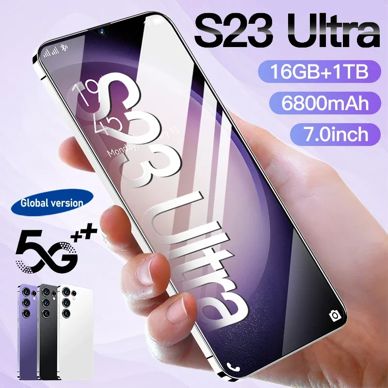 

Смартфон S23 Ultra, телефон с экраном 7,0 дюйма, глобальная версия, Android 13, разблокированные мобильные телефоны, HD камера, 16 ГБ + 1 ТБ, сотовый телефон 6800 мАч