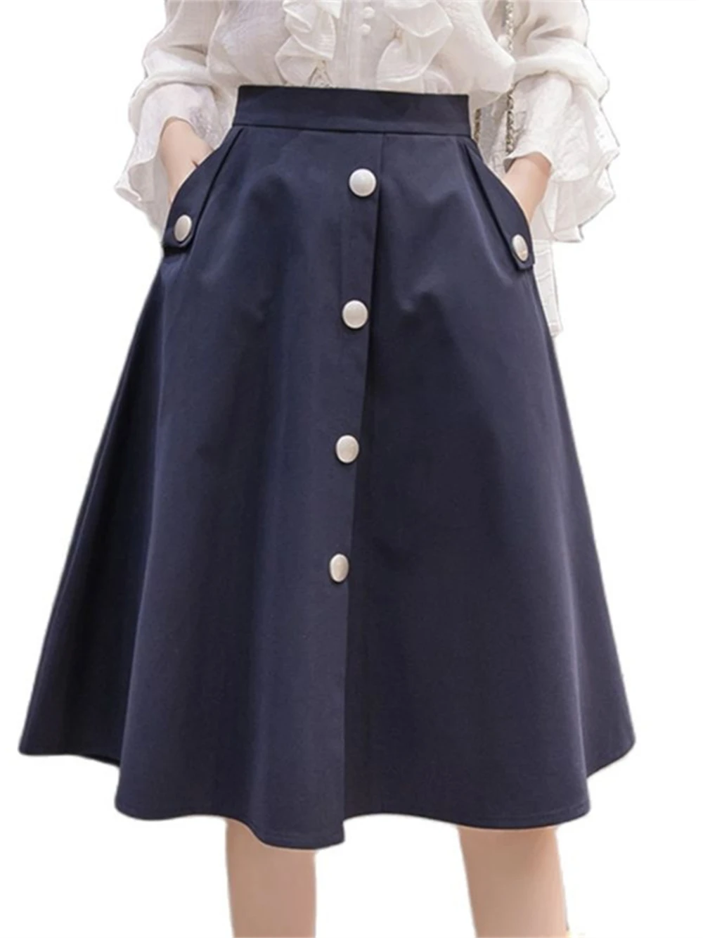 

2021 Vintage 50s Skirt With Pocket Audrey Hepburn Black Button Front Midi Swing Skirt Rockabilly Pinup Skirts Office Lady Jurken