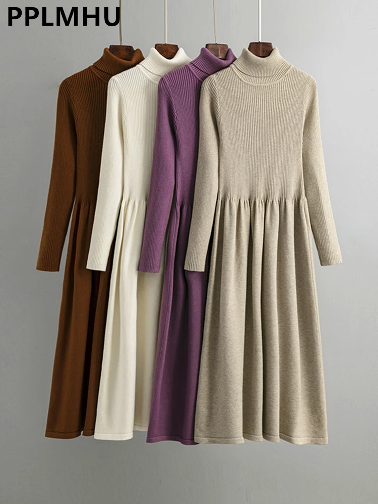 Women's Turtleneck Knitted Dress Fall Winter Casual Basic Warm A-line Sweater Dresses Korean Slim Mid-length Vestidos With Coats
Women's Turtleneck Knitted Dress Fall Winter Casual Basic Warm A-line Sweater Dresses Korean Slim Mid-length Vestidos With Coats