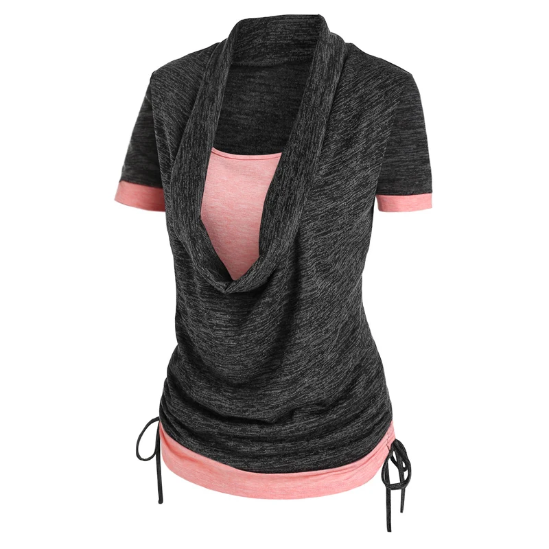 

Women Casual T Shirt Faux Twinset Tee Short Sleeve Girl Top Contrast Color Tee Color Block Cowl Neck Faux Twinset Tee