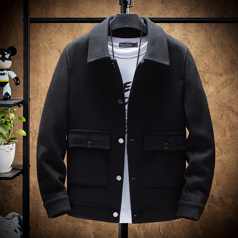 

Autumn Winter Men Black Woolen Coat Plus Size Xxxl Xxxxl Boys Khaki Warm Windbreaker Korean Style Button Up Long Sleeve Jacket