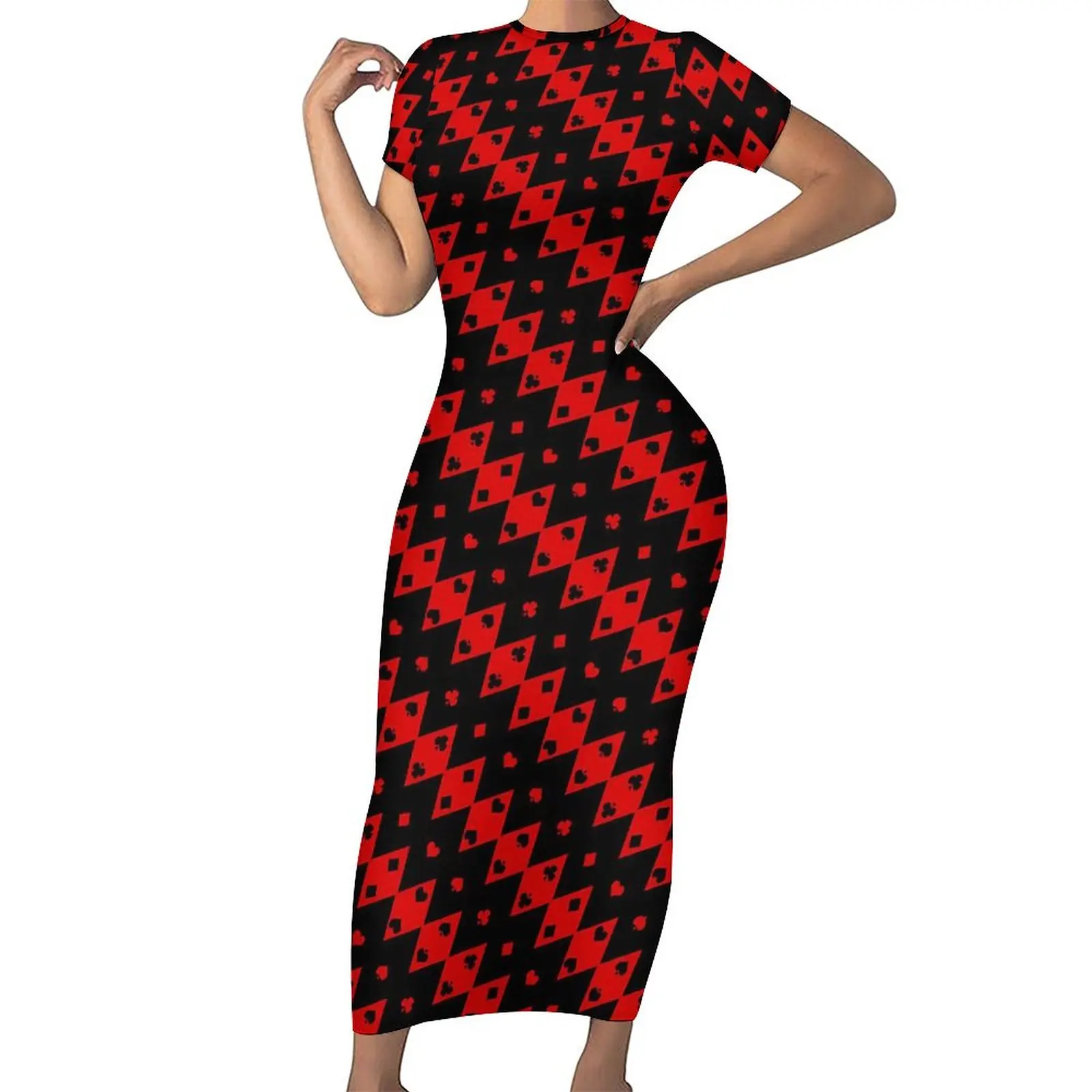 

Playing Cards Dress Womens Black and Red Shapes Street Wear Bodycon Dress Short Sleeve Kawaii Maxi Dresses Oversized Vestidos