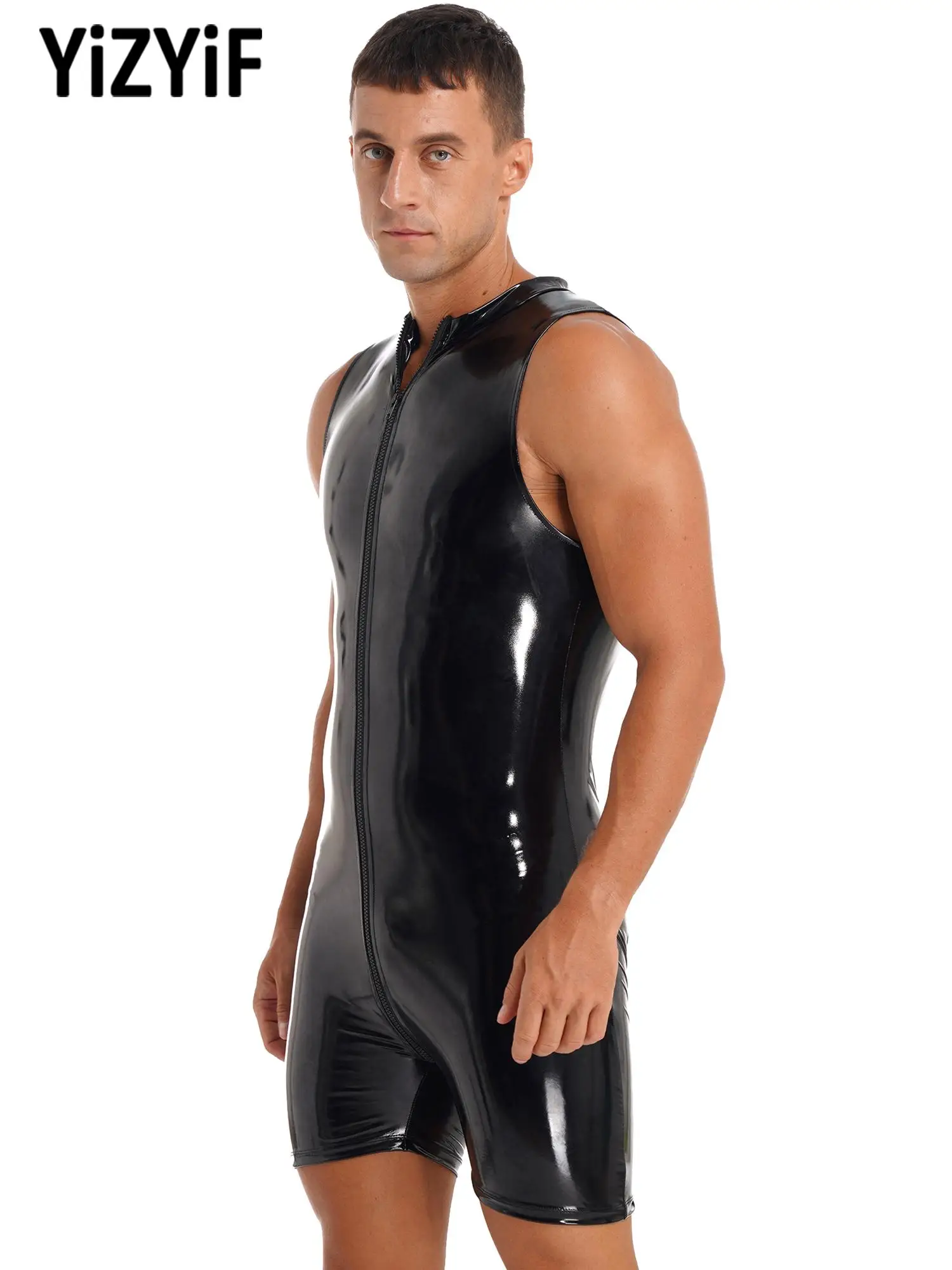 

Men One Piece Suits Rash Guard Swimsuit Sexy Wet Look Glossy PU Leather Bodysuit Sleeveless Zipper Crotch Pole Dancing Jumpsuits