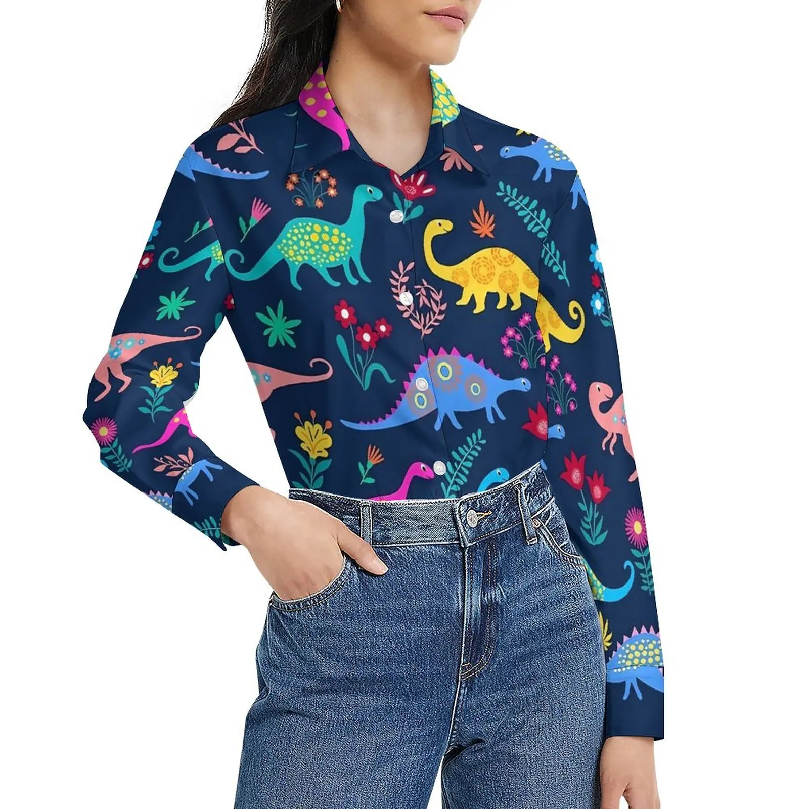 Cute Dinosaur Print Loose Blouse Colorful Animal Casual Oversized Blouses Womens Long-Sleeve Kawaii Shirt Spring Custom Tops
Cute Dinosaur Print Loose Blouse Colorful Animal Casual Oversized Blouses Womens Long-Sleeve Kawaii Shirt Spring Custom Tops