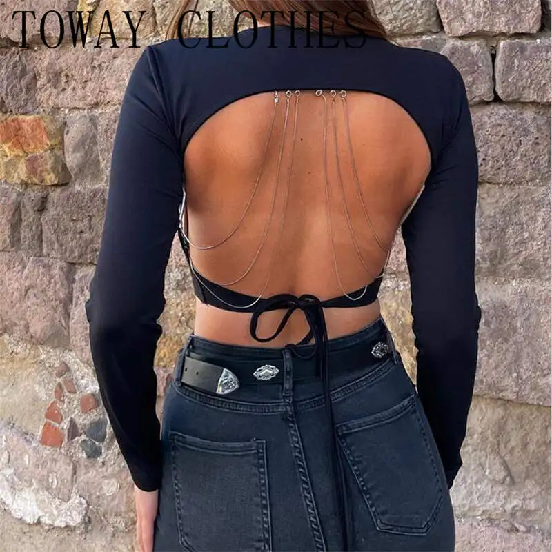 Women Chain Decor Backless Long Sleeve Crop Top Elegant Slim Elastic hot sale Black T-shirt Leisure vacation home clothing
Women Chain Decor Backless Long Sleeve Crop Top Elegant Slim Elastic hot sale Black T-shirt Leisure vacation home clothing