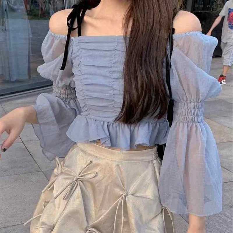 

Summer Chiffon Blouse New French Slash Neck Sweet Square Collar Flared Sleeves Off-shoulder Ruffled Long-sleeved Chiffon Tops