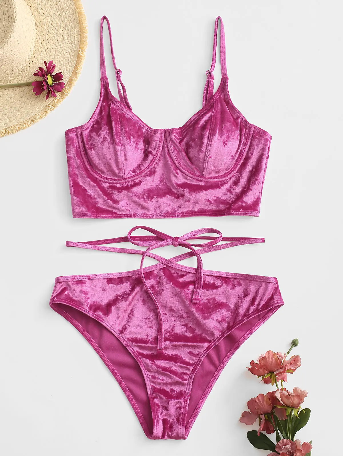 

ZAFUL Tie Waist Velvet Underwire Tankini Swimwear Push Up Two Piece Cami Tankini High Waisted Tankini Velour Swim Suit