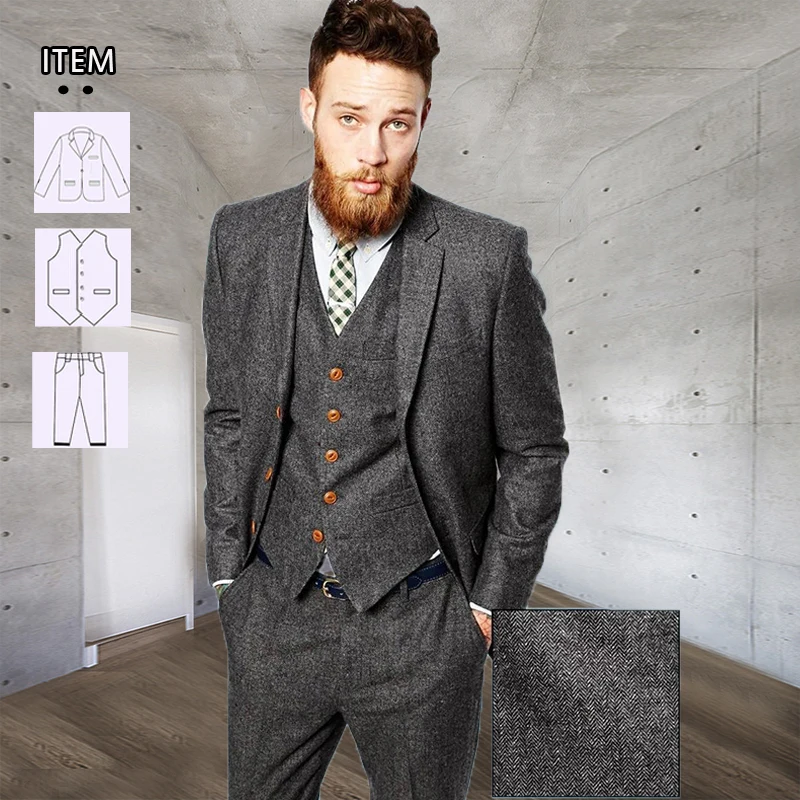 

Tweed Wool Sutis Men Grey Herringbone Trench Coat Plus Size Groom Wear Business Work Office Clothing 3 Pieces Jacket Vest Pants