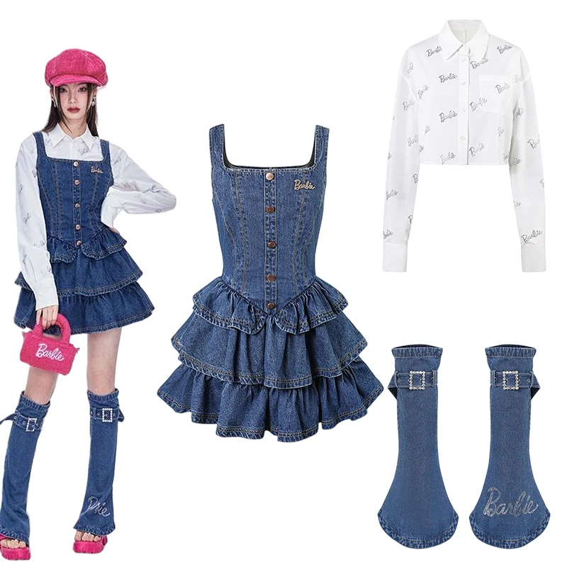 

Barbie Sweet Princess Dress Retro Cake Denim Dress Y2K Female Clothes Fashion Women Suspenders Waist Tutu Skirt Trend Girls Gift