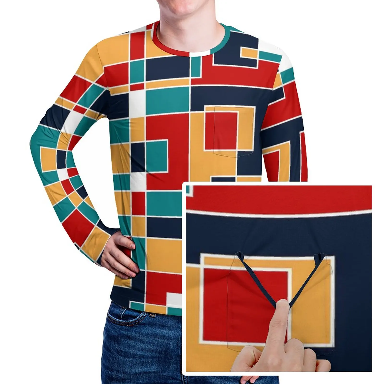 

De Stijl T-Shirt Mod Mondrian Vintage T-Shirts With Pocket Long Sleeve Pattern Tops Autumn Awesome Oversized Top Tees