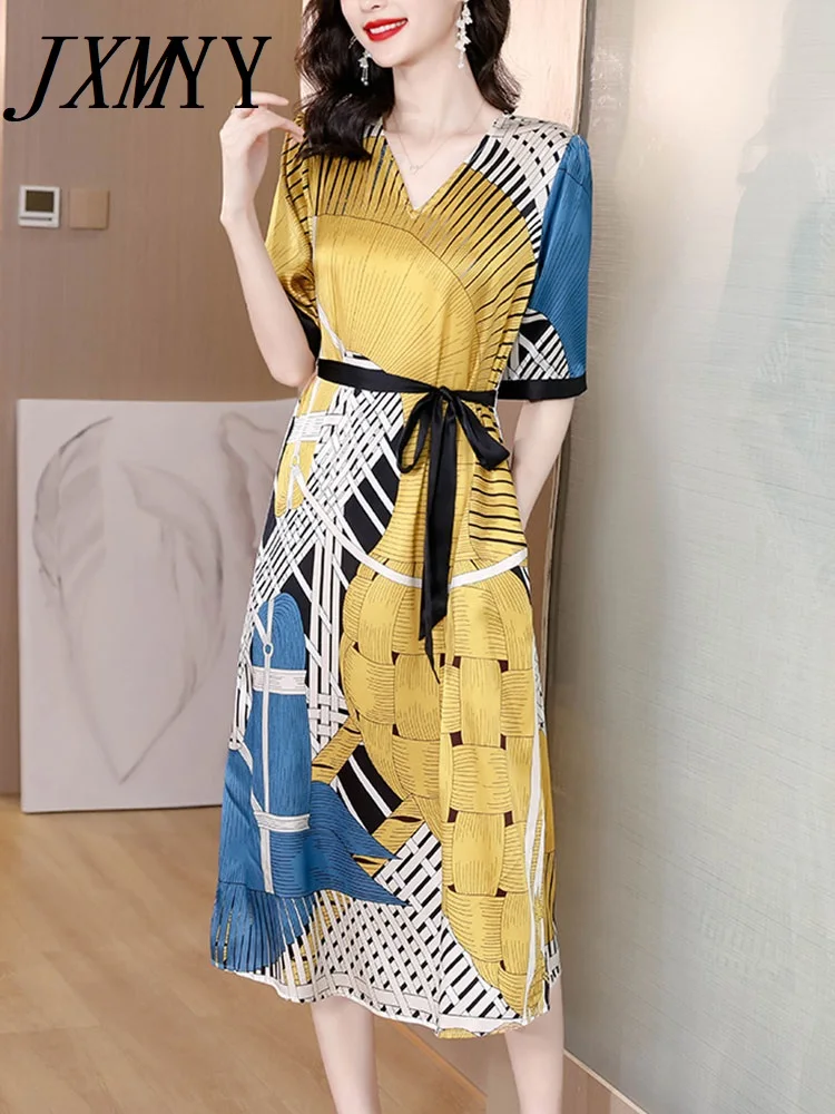 

JXMYY модное платье с принтом, новинка 2022, летняя тонкая Новая Элегантная темпераментная юбка с V-образным вырезом, женская одежда