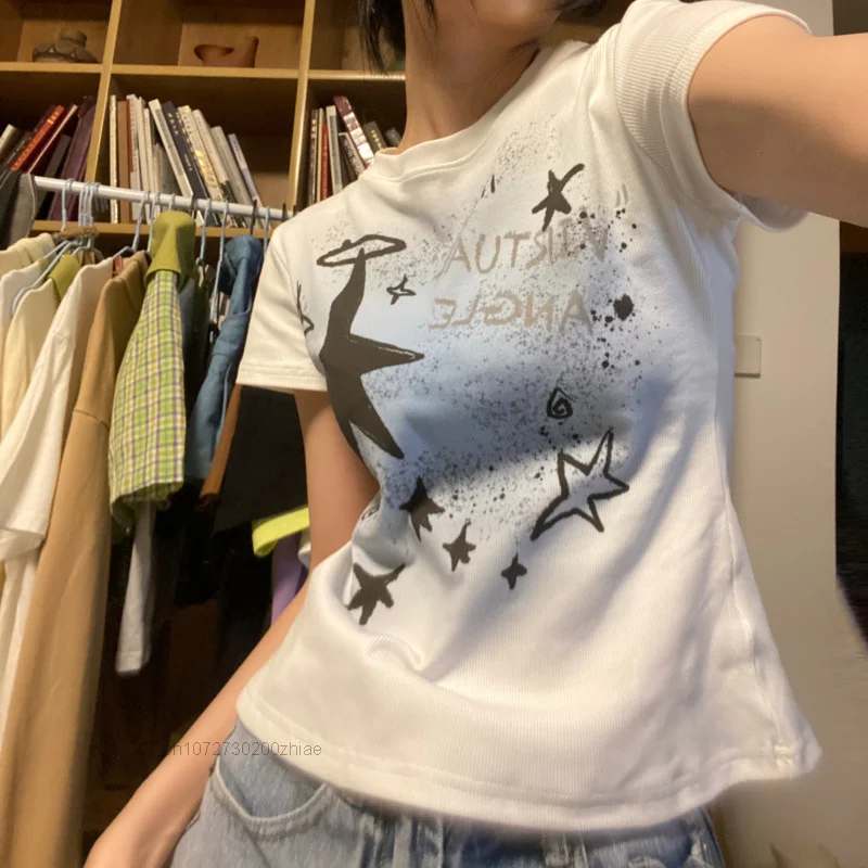 Y2k Crop Tops Women Short Sleeve T Shirt Hand-painted Star Vintage Tops Slim White Summer T-shirts Harajuku Streetwear
Y2k Crop Tops Women Short Sleeve T Shirt Hand-painted Star Vintage Tops Slim White Summer T-shirts Harajuku Streetwear