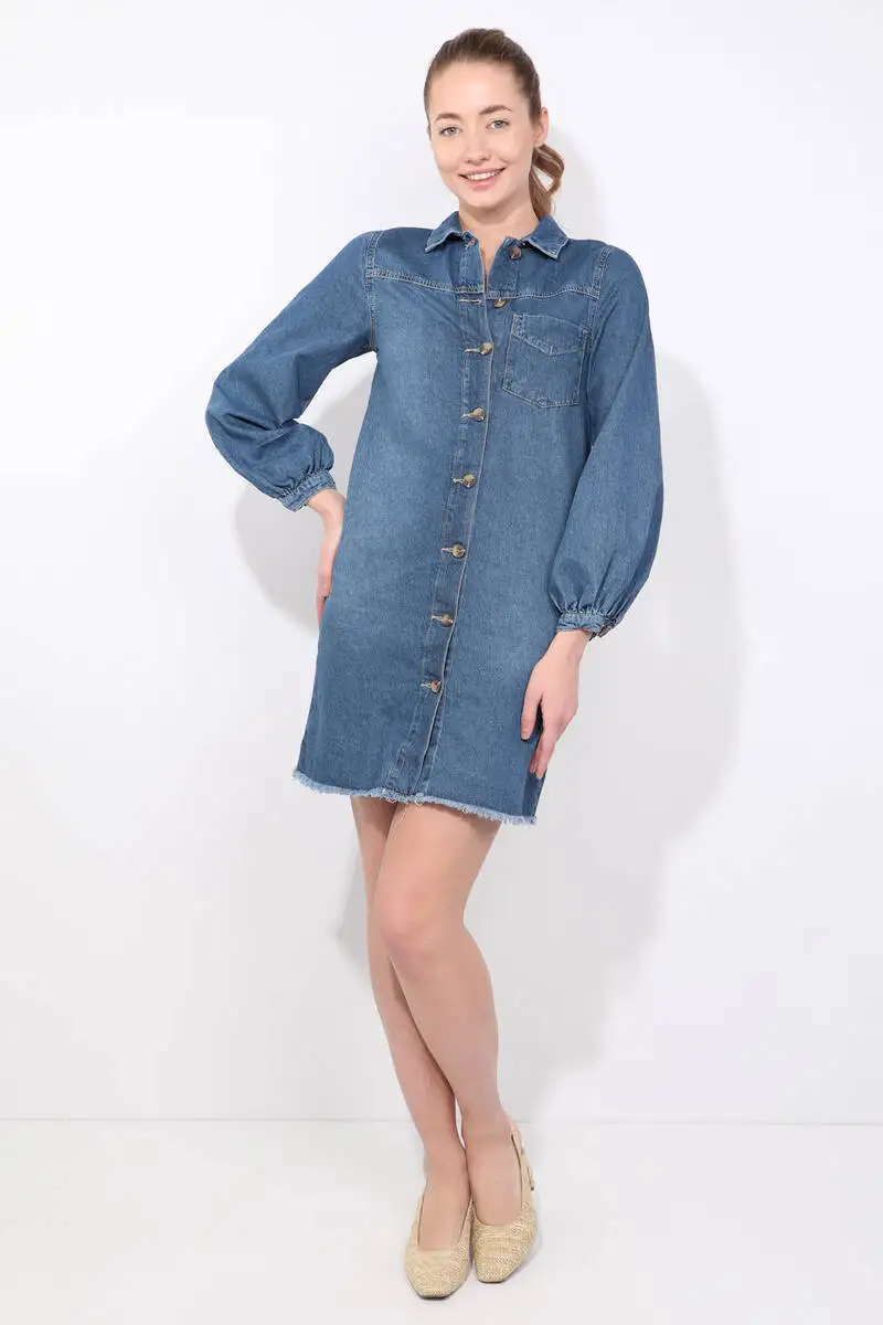 Blue White Balloon Sleeve Women Jean Dress 
Blue White Balloon Sleeve Women Jean Dress
