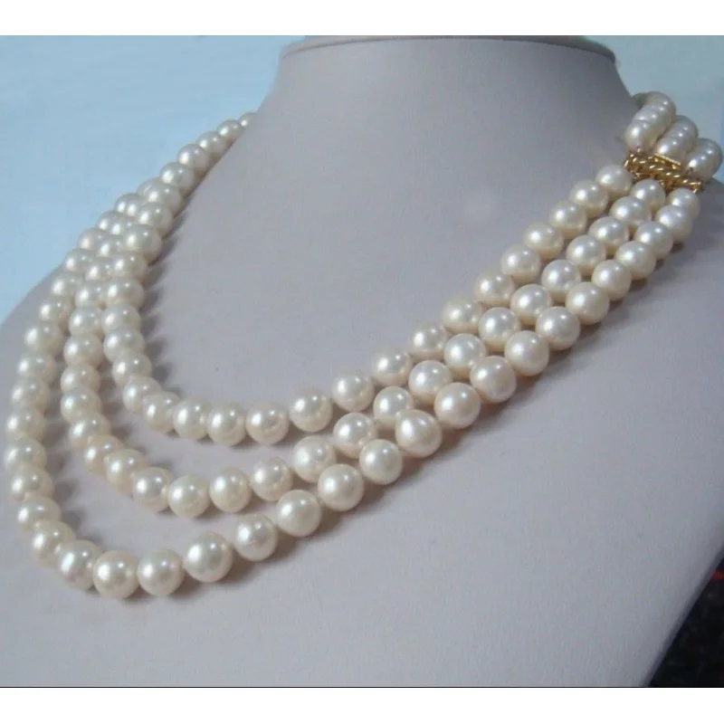 

3 row strands natural 9-10mm akoya white pearl nelace 18"19"20" plated clasp