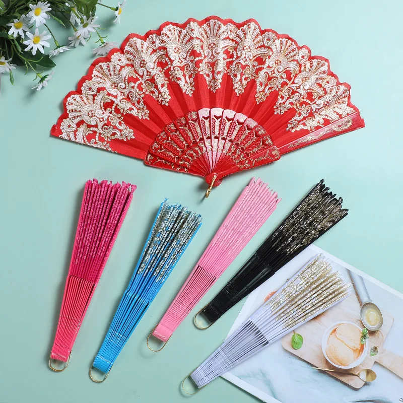 

Luxury Fashion Folding Fan Flower Lace Silk Wedding Dance Party Stage Performance Decoration Fashion Hot Stamping Hand Held Fan