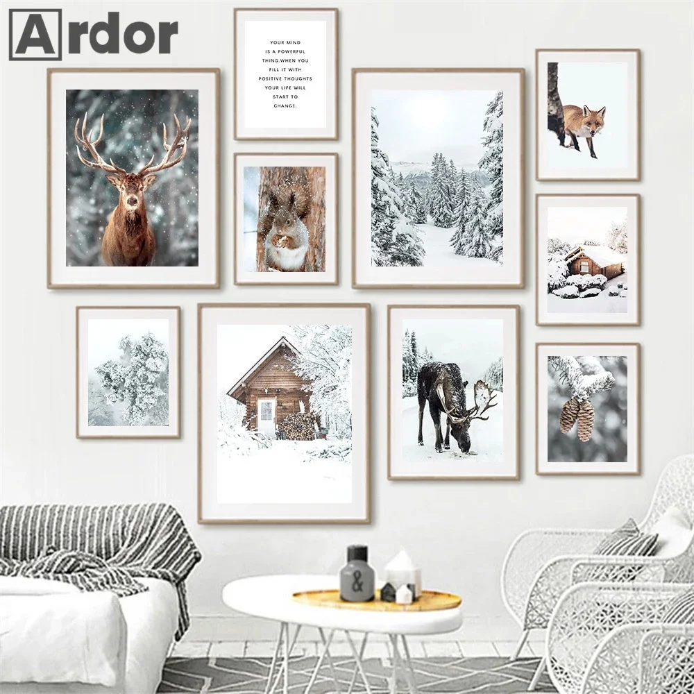 

Nordic Deer Reindeer Fox Squirrel Animal Poster Snow Spruce Winter Landscape Canvas Painting Filbert Quotes Art Print Home Decor