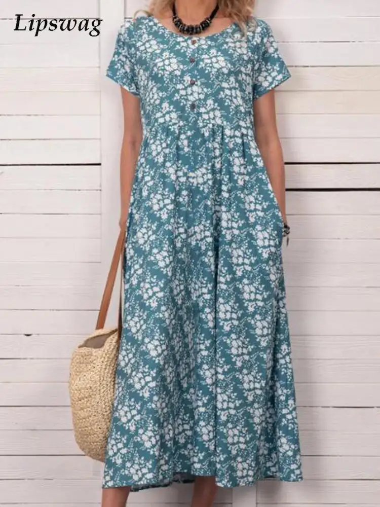 Women Summer Elegant Pattern Print Party Dress Office Fashion O-Neck Button Dress Lady Spring Casual Short Sleeve Maxi Dresses
Women Summer Elegant Pattern Print Party Dress Office Fashion O-Neck Button Dress Lady Spring Casual Short Sleeve Maxi Dresses