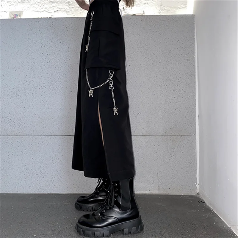 Женская длинная юбка черная с цепочкой и Боковым Разрезом в Корейском стиле