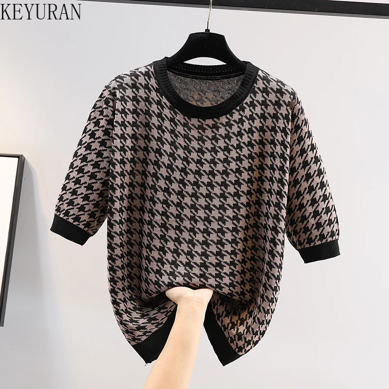 Women Round Neck Houndstooth Patchwork Sweaters Female Elegant Summer Short Sleeves Casual Loose Fashion Pullovers Knitted Tops
Women Round Neck Houndstooth Patchwork Sweaters Female Elegant Summer Short Sleeves Casual Loose Fashion Pullovers Knitted Tops