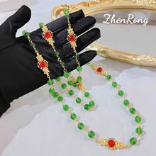 Foydjew Luxury Vintage Jewelry High Quality Artificial Green Beads Long Necklaces Sweater Chain Multi-circle Winding Hand String