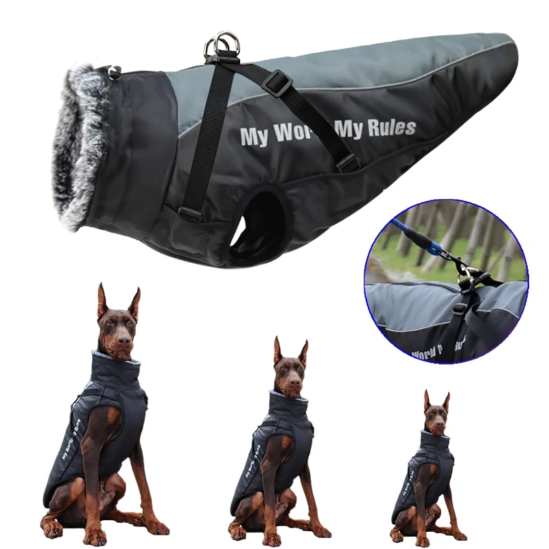 Pet Dog Clothes Winter Warm Fur Collar Jacket Waterproof Reflective Pet Vest Coat With Removable Warm Puppy Harness Set
Pet Dog Clothes Winter Warm Fur Collar Jacket Waterproof Reflective Pet Vest Coat With Removable Warm Puppy Harness Set