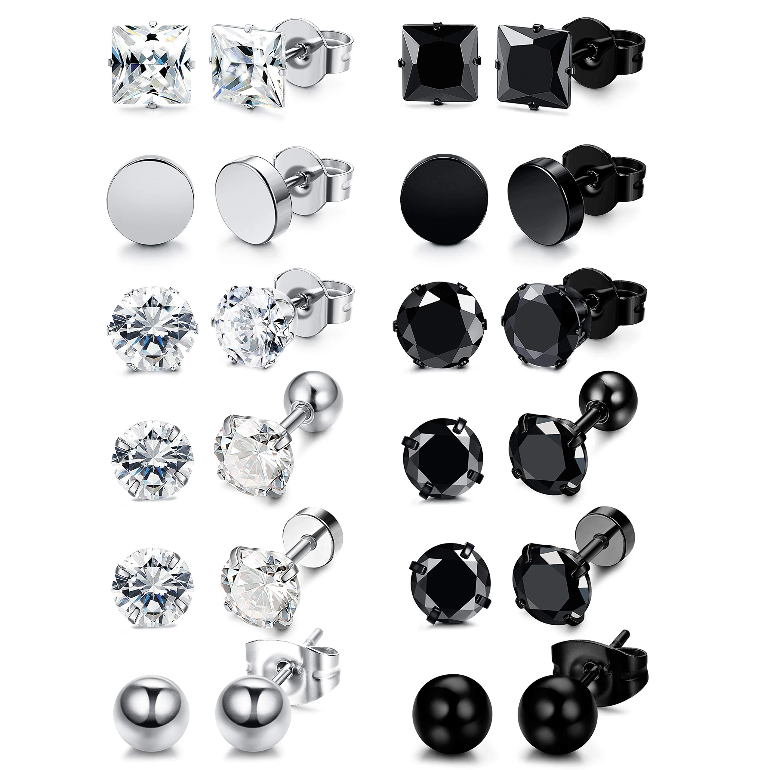 12 Pairs Stainless Steel Black White Stud Earrings for Men Women Cool CZ Ear Piercing Earring Jewelry 3-8mm 
12 Pairs Stainless Steel Black White Stud Earrings for Men Women Cool CZ Ear Piercing Earring Jewelry 3-8mm