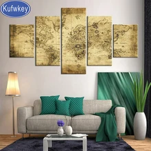 Diamond Painting Nautical Geography Retro World Map Diamond Embroidery Abstract Pictures 5 Panel Home Decoration Wall Sticker