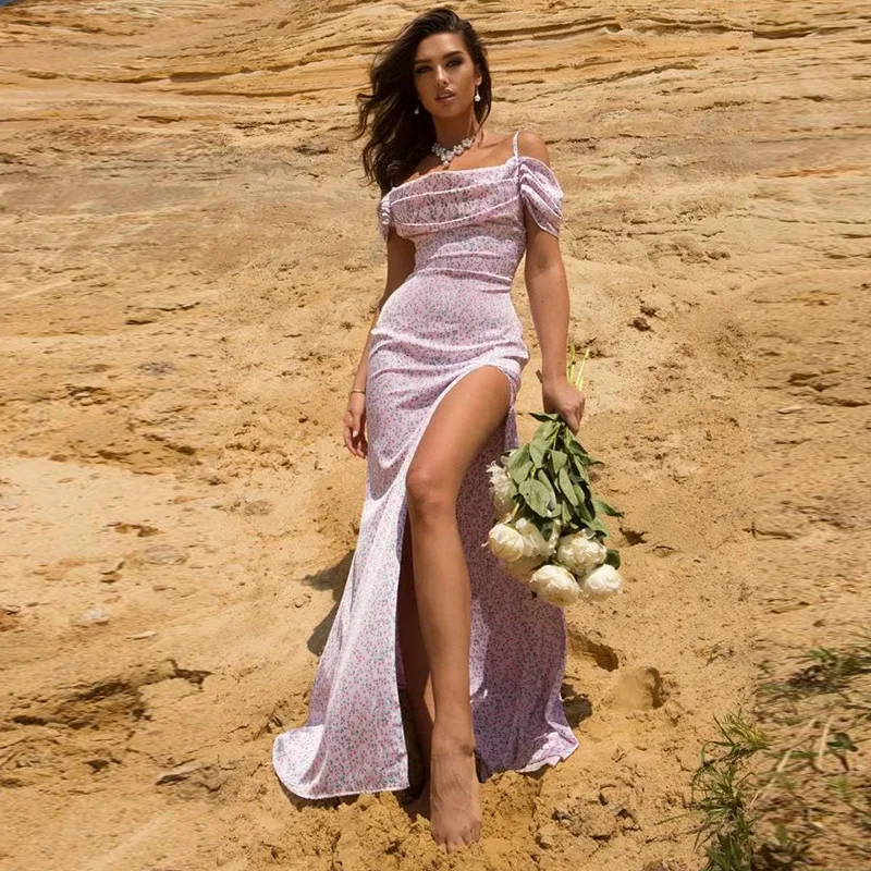 Женское платье макси с открытыми плечами, маленькое платье с цветочным принтом и высоким разрезом, лето 2022 
Женское платье макси с открытыми плечами, маленькое платье с цветочным принтом и высоким разрезом, лето 2022